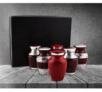 Bold & Divine Small Cremation Urns for Human Ashes | Set of 6 - 3 Cubic Inches | Mini Keepsake Red and Silver with Velvet Case