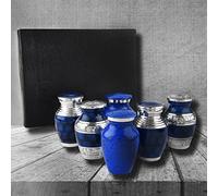 Bold & Divine Small Cremation Urns for Human Ashes | Set of 6 | 3 Cubic Inches | Mini Keepsakes with Velvet Case (Blue & Silver, Small Urns_Set of 6)