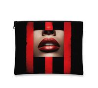 Bold Elegant Makeup Bag, Red Lips Graphic Cosmetic Travel Pouch for Women, Portable Small Canvas Zipper Organizer, Stylish Gift Toiletry Bag, Black, 7x9 Inch