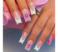 Bold Floral French Tip False Nails With 3D Pearl Accents - Long Square Shape Full Cover Artificial Nails For Women, Special Occasions, Wedding & Party Manicure Glamour Kit