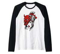 Bold Japanese Oni mask with fierce expression Raglan Baseball Tee