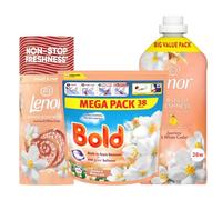 Bold & Lenor Jasmine & White Cedar Household Laundry 3-Piece Bundle Set, 38 Wash Stain Remover Pods, 26 Wash Fabric Conditioner, 155g Scent Booster