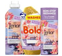 Bold & Lenor Laundry Bundle 3-Piece Bundle Set - Midsummer Memories Sunset Blossom - 32 Wash Liquid Gel Detergent, 29 Wash Fabric Conditioner & 155g Scent Booster - Long Lasting Fresh Fragrance