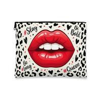 Bold Lips Cosmetic Bag, Playful Animal Print Makeup Pouch for Women, Portable Canvas Zipper Organizer, Everyday Skincare Toiletry Bag, Red, 7x9 Inch, Lips