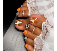 Bold Orange Zebra Swirl Short Press On Toe Nails Kit - Salon-Quality Fake Toenails with Top Coat, Dehydrator, Primer for Fashionable Pedicure Designs & Modern Abstract Art Patterns