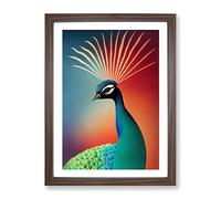 Bold Peacock Art No.3 Framed Print | A2 Walnut Framed Wall Art | Ready to Hang | Modern Animal Picture | Living Room Bedroom Lounge Office