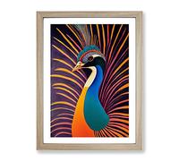 Bold Peacock Art No.7 Framed Print | A4 Oak Framed Wall Art | Ready to Hang | Modern Animal Picture | Living Room Bedroom Lounge Office