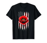 Bold Red Poppy Flower with American Flag Background T-Shirt