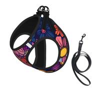 Bold Retro 70s Flower Floral No Pull Dog Harness and Leash Set, Cute Reflective Adjustable Vest for Small Dogs,Breathable Mesh Puppy Harness for Walking Hiking,Large