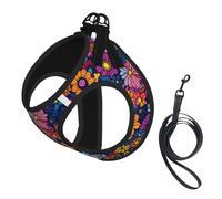 Bold Retro 70s Flower Floral No Pull Dog Harness and Leash Set, Cute Reflective Adjustable Vest for Small Dogs,Breathable Mesh Puppy Harness for Walking Hiking,Large