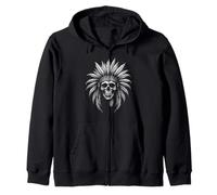 Bold Skull with Feather Headdress Monochrome Art Zip Hoodie