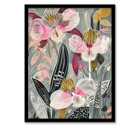 Artery8 Bold Stylised Orchid Flowers Hot Pink Contrast Living Room Artwork Framed Wall Art Print A4