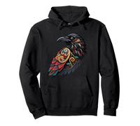 Bold Tribal Raven Art with Floral and Swirl Design Pullover Hoodie