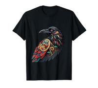Bold Tribal Raven Art with Floral and Swirl Design T-Shirt