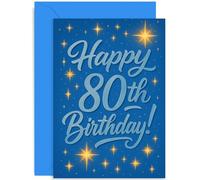 Bold Typographic 80th Birthday Card for Brother Husband Grandad Dad Cousin Friend, 80 today Bday Gift, Blue stars Retro Design, For Him Men, Blank Inside with Envelope