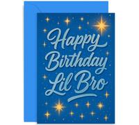 Bold Typographic Happy Birthday Card for Little Brother, Bday Bro Gift, Blue stars Retro Design, For Him Men, Blank Inside with Envelope