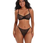 BoldBeauty Embroidered Mesh Sheer Lingerie Set Cute Push Up Strappy Sexy Underwear, Black, Medium