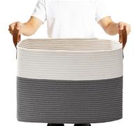 BOLDMONKEY 89L Extra Laundry Basket with Leather Handles,Woven Cotton Rope Blanket Basket,Toy Bin for Baby Room,Laundry Hampers for Bedroom, Living Room,Bathroom,24"x16"x15" Gray