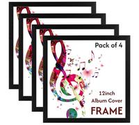 Boldon Framing- Album Frame in Black Solid Wood - Set of 4 Vinyl Record Sleeve Frame with Safety Glazing and Modern Versatile Design-Wall Mounted Record Display with Hanging Hardware Included 32x32cm