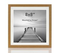 Boldon Framing - Square Thin Oak Wood Picture Frame, 8x8 With White Mount to fit 6x6 Picture Wall Mount Photo Display