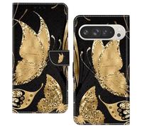 BOLELAW Wallet Case for Google Pixel 9/9 Pro, PU Leather Flip Cover with Magnetic Closure, 2 Card Slots, Kickstand & Shockproof Protection, Gold Butterfly