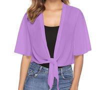Bolero Cardigans For Women Summer Chiffon Shrugs Causal Half Sleeve Bolero Jackets Lightweight Tie Front Cardigan Sheer Crop Jacket Shawl Tops Party Wedding Guest Jacket Shrugs Cover Up (11-Purple, L)
