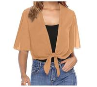 Bolero Cardigans for Women Summer Chiffon Shrugs Causal Half Sleeve Bolero Jackets Lightweight Tie Front Cardigan Sheer Crop Jacket Shawl Tops Party Wedding Guest Jacket Shrugs Cover Up (21-Khaki, S)