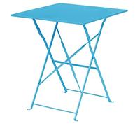 Bolero Pavement Style Square Steel Table, Seaside Blue 600mm | Arrives fully assembled for instant setup, with a space-saving folding mechanism and protective, slip-resistant foot plugs.