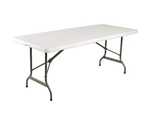 Bolero Rectangular Centre Folding Table HDPE 6ft, White | Supports up to 200kg with strong steel legs, plus non-slip foot plugs to protect floors and a built-in transport handle.