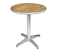 Bolero Round Ash Top Table with Aluminium Base, 720x600mm | Pre-oiled top withstands wet or dry weather; ergonomic feet prevent tipping while flat pack design enables quick assembly.