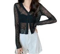 Bolero Shrug, Summer Knitted Cropped Coat Women'S Long Sleeves Shrug One Button Up Bolero Shrug Crochet Short Cardigan Stretchy Cardigan See Through Cover-Up For Dresses,Black,M