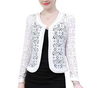 Bolero Shrug,Summer Short Coat Round Neck Lace Hollow Out Shrug Women'S Long Sleeves Shrug Elegant Shoulder Jacket See Through Open Front Cover-Up For Wedding,White,L