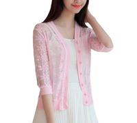 Bolero Shrug,Women's Lace Bolero Shrug Short Cardigan Knitted 3/4 Sleeves Flower Blouse Shirt See-Through Tunic Open Front Cardigan Boho Mesh Festival Jacket Cover-Ups for Dresses,Pink,L