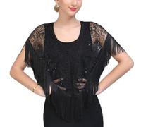Bolero Shrug,Women'S Vintage Lace Shrug Summer Tassel Shawl 1920S Bolero Cardigan Mesh Sequin Jacket Party Fringe Sleeve Shoulder Jacket Sexy See Through Cover-Up For Dresses Evening,Black,M
