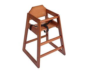 Bolero Stackable Wooden Highchair, 5-Point Harness, Dark Wood, 15kg | Flat packed for simple assembly; anti-topple base ensures safety for ages up to 36 months, wiping clean for quick turnaround.