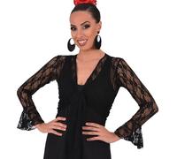 Bolero Torera Top Crossover Flamenco Stretch Fabric Long Sleeve with Two Ruffles, Black lace, S Pequeño