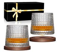 BOLESTA Whiskey Glasses Set of 2, Rotatable Tumbler Crystal Glass Cups, Drinking Glasses with 2Pcs Creative Walnut Coasters and Gift Box - for Scotch,Bourbon,Cocktails