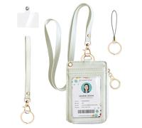 bolimoss 2-in-1 ID Badge Holder & Lanyard Wallet, Leather ID Badge Card Holder Wallet with 5 Card Slots, 1 Side Zipper Pocket,Detachable Keychain Lanyards Wristlet Strap for Office School, White