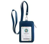bolimoss 2-in-1 ID Badge Holder & Lanyard Wallet, Leather ID Badge Card Holder Wallet with 5 Card Slots, 1 Side Zipper Pocket,Detachable Keychain Lanyards for Office Worker School Teacher, Navy Blue