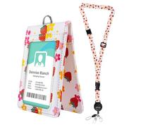 bolimoss Badge Holder with Clear Double-Sided Windows,Cute Strawberry Flower Leather ID Name Badge Holder with Adjustable Retractable Lanyards, Breakaway Neck Lanyards for Nurse Teacher School