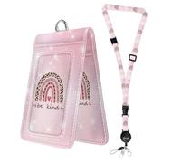 Bolimoss Be Kind Double Sided Badge Holder, Rainbow Cute Badge Holder with Adjustable Retractable Neck Lanyard, PU Leather ID Card Holder with Quick Release Buckles Detachable Badge Lanyards for Women