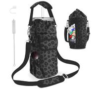 bolimoss Black Leopard Print Water Bottle Holder with Strap, 24/32/40oz Insulation Water Bottle Carrier Bag with 4 Pocket, Sport Water Bottle Sling Bag Crossbody Water Bottle Holder for Hiking Walking