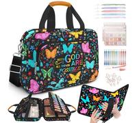 bolimoss Butterfly Flower Bible Case, Bible Cover with Pens Highlighters Cross Clip Tabs, Large Carrying Book Case with Handle Shoulder Strap Zipper Pockets, Cute Church Bag for Women Christian Gifts