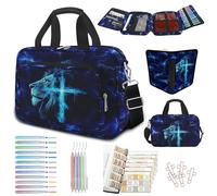 bolimoss Cross Lion Bible Case with Zipper Pockets for Boys, Large Bible Carrying Case with Strap Handle for Church, Bible Bag with Pens Highlighters Cross Clips Tabs for Men Christian Gifts(Blue)