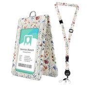 bolimoss Cute Flowers Leather Badge Holder with Double-Sided Windows, Leather ID Name Badge Card Holder with Adjustable Retractable Lanyards, Breakaway Neck Lanyards for Work, School, Access