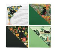 bolimoss Cute Leather Bookmark Reading Accessories for Book Lovers, Black Cat Floral Corner Bookmarks 4PCS, Funny Book Page Markers for Women Men Kids Girls Boys Student Teacher Office Stationery