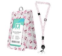 bolimoss Cute Pink Bow Cherry Badge Holder with Clear Double-Sided Windows, Leather ID Name Badge Holder with Adjustable Retractable Lanyards, Breakaway Neck Lanyards for Teacher School Nurse