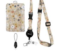 bolimoss Flowers Rainbows Badge Holder with Adjustable Retractable Lanyard, Cute Leather ID Name Badge Card Holder with Quick Release Buckle and Safety Breakaway Lanyards for ID Badges