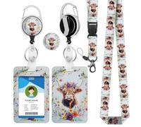 bolimoss Highland Cow Floral Card Holder for Lanyard, Cute Lanyards for ID Badges Keys Daisy Breakaway Lanyards Retractable Reel for ID Badges Keychain, Teacher Nurse Doctor Women Office