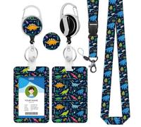 bolimoss Lanyard with Card Holder, Neck Strap Breakaway Lanyard for Keys Cute Dinosaur Plastic Badge Holder for Kid Student,Retractable Badge Reel Badge Clip for ID Card, Office School Supplies